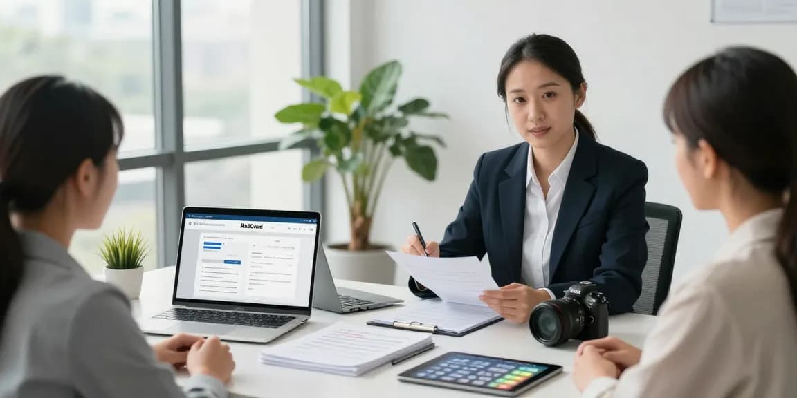 RadCred lending consultation scene with couple reviewing loan options in a modern office.