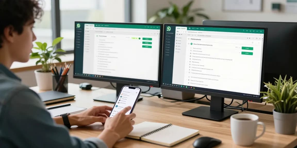 User interacting with WhatsApp網頁版 on laptop in a modern office environment.