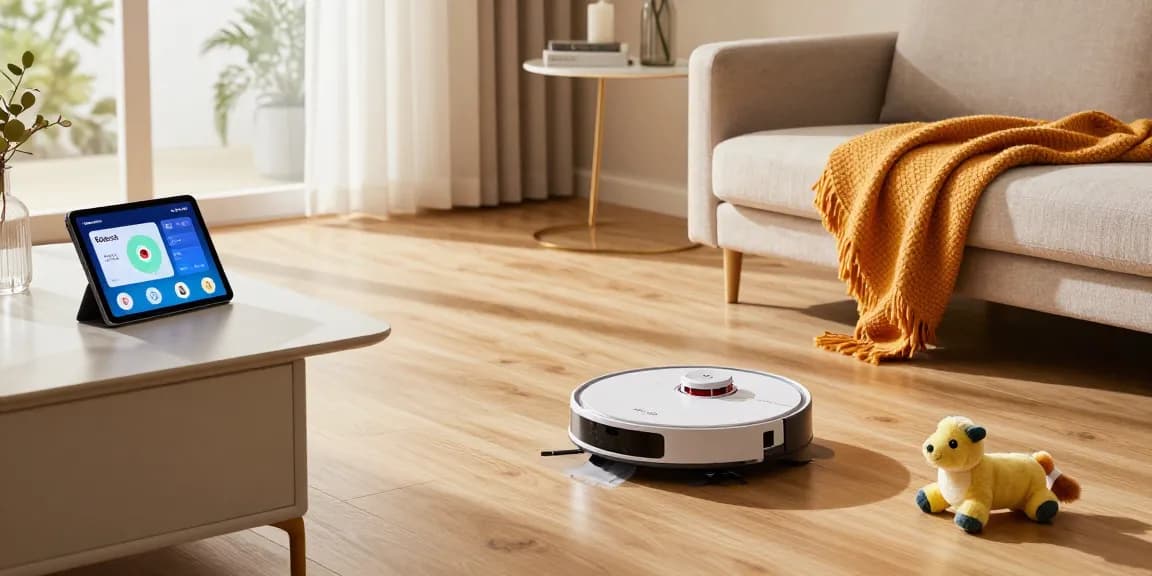 Roborock 2026 robotic vacuum cleaning a modern living room, showcasing advanced technology in a stylish home.