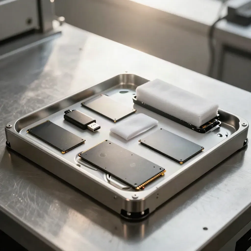 Top-down view of wiped hard drives, SSDs and USB sticks in a steel tray on a secure workbench.
