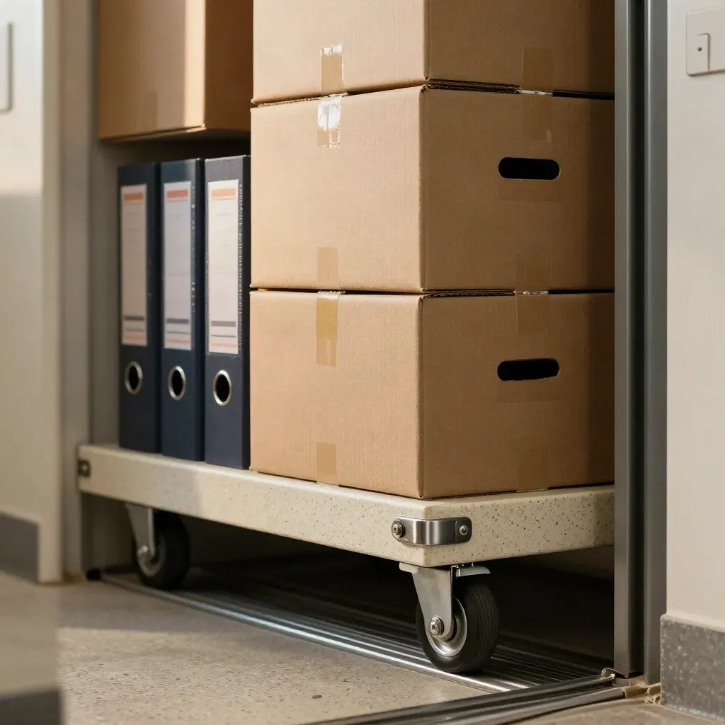 Macro of an archive trolley with file boxes and ring binders rolling toward a lift.
