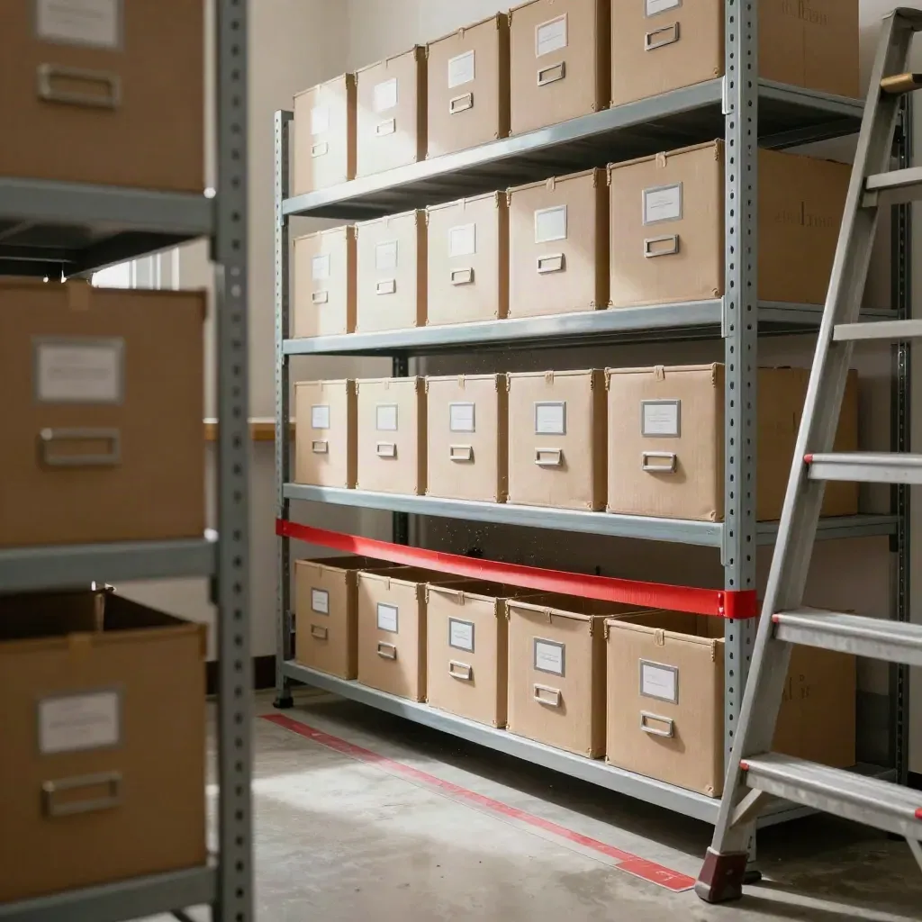 Half-emptied archive shelves with boxes, open space, dust motes and a red strap in warm daylight.