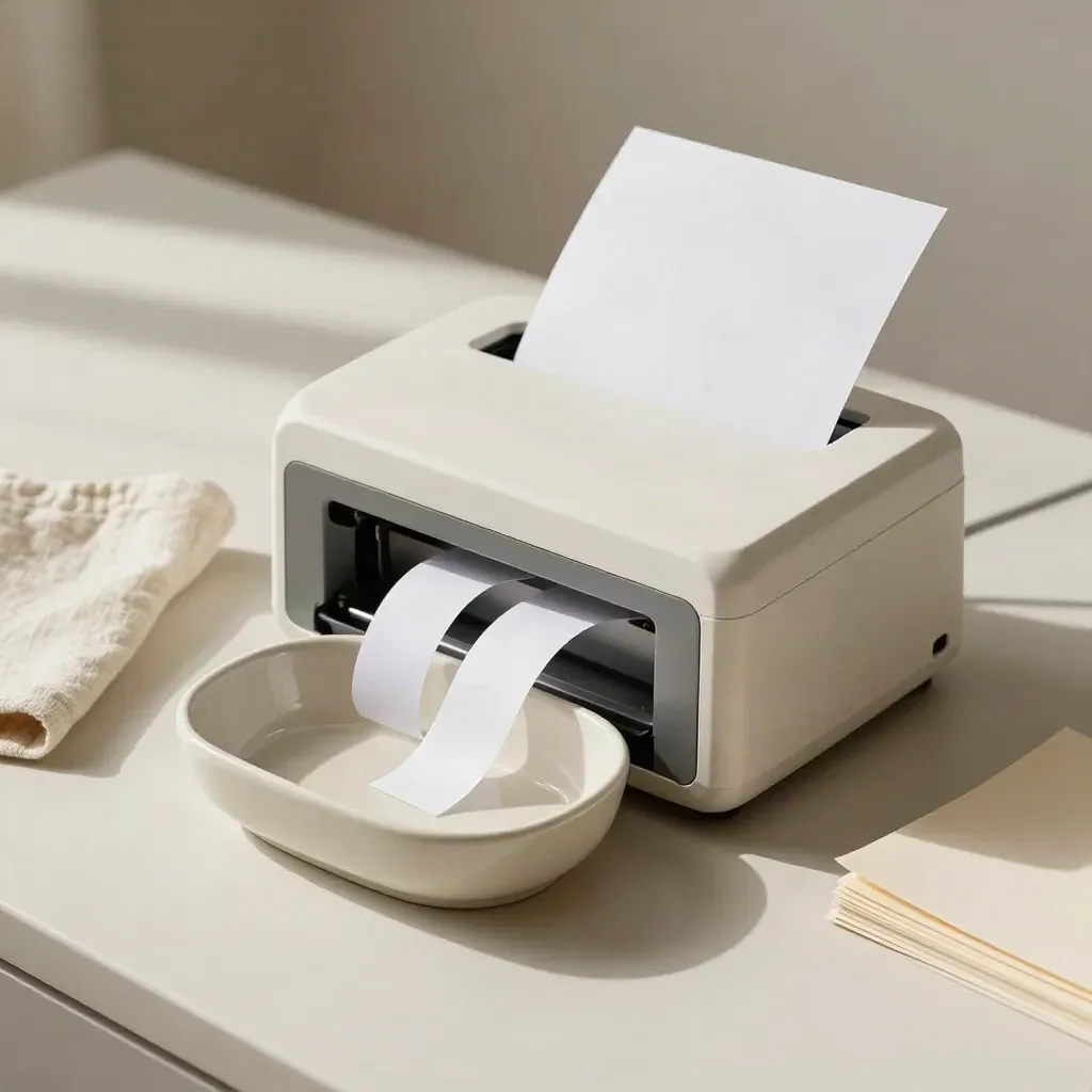 Compact home shredder with fresh paper strips in a cream bowl on an off-white plaster sweep.